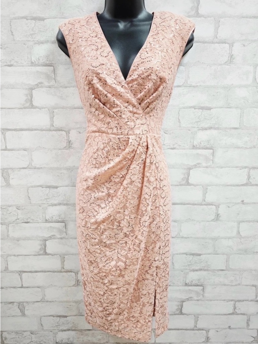 Vince Camuto Womens Blush Pink Sequin Floral Lace V-Neck Cocktail
Dress, Size 6